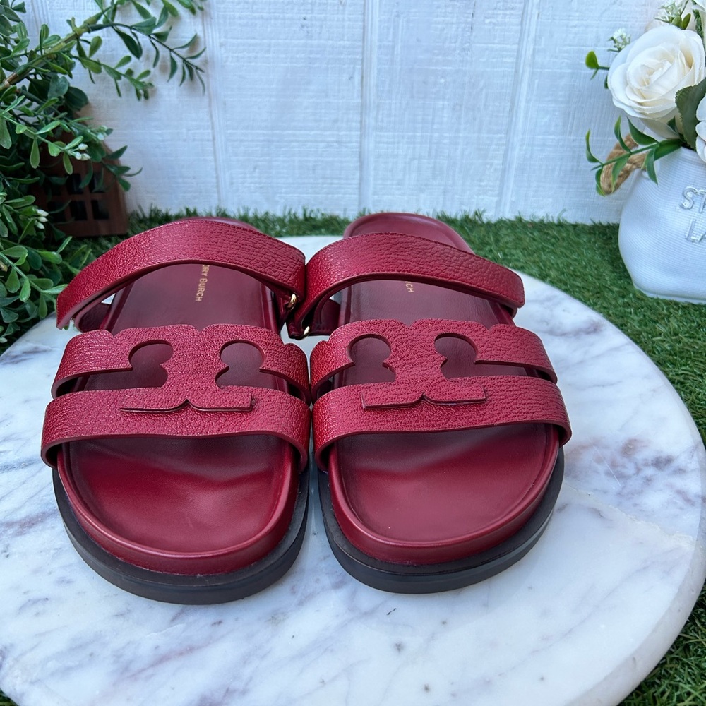 Tory Burch InesRed Leather Double-Strap Logo Slide Sandals - Picture 8 of 16